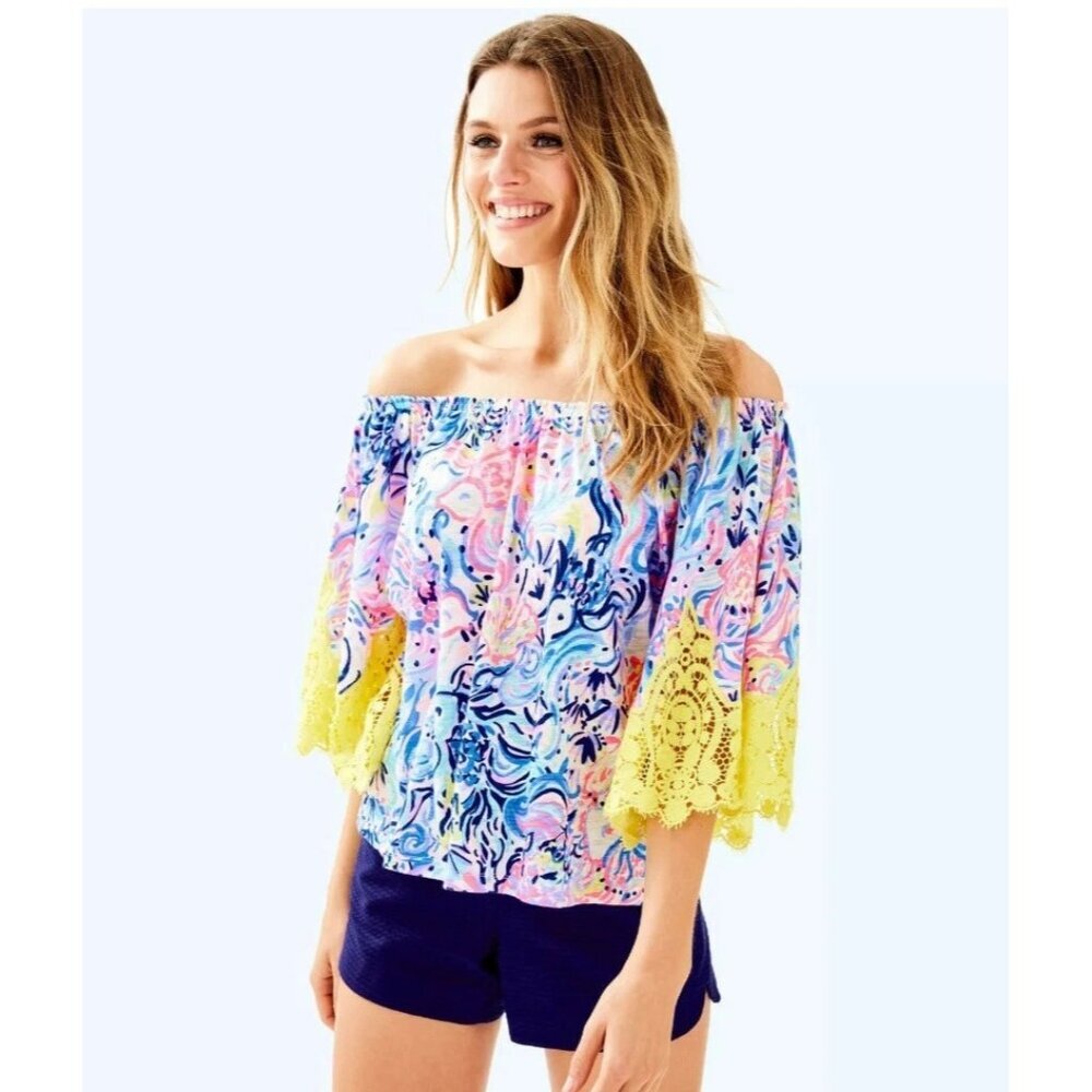 Lilly Pulitzer Zaylee Off-The-Shoulder Top S So Sofishticated Crochet Lace Multi